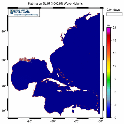 Significant wave heights (m) during Katrina (2005) when wave refraction is enabled only in regions with sufficient mesh resolution.