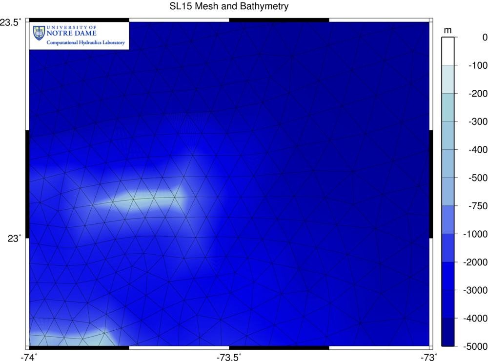 Unstructured mesh and bathymetry (m) near the coarsely-resolved Samana Cays in the Bahamas.