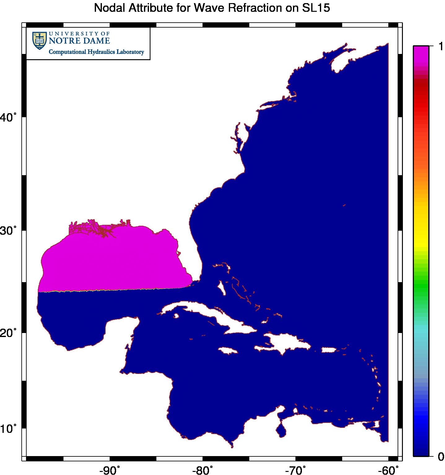 Example of enabling wave refraction only near the region of interest in the northern Gulf of Mexico.