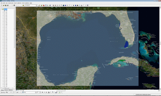Contours of water levels (m) in the Gulf of Mexico during Ike (2008), as visualized in ArcGIS.