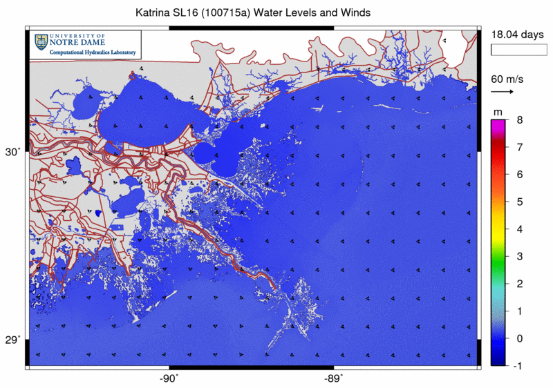 Contours of water levels (m) and vectors of wind velocities (m/s) during Katrina (2005).