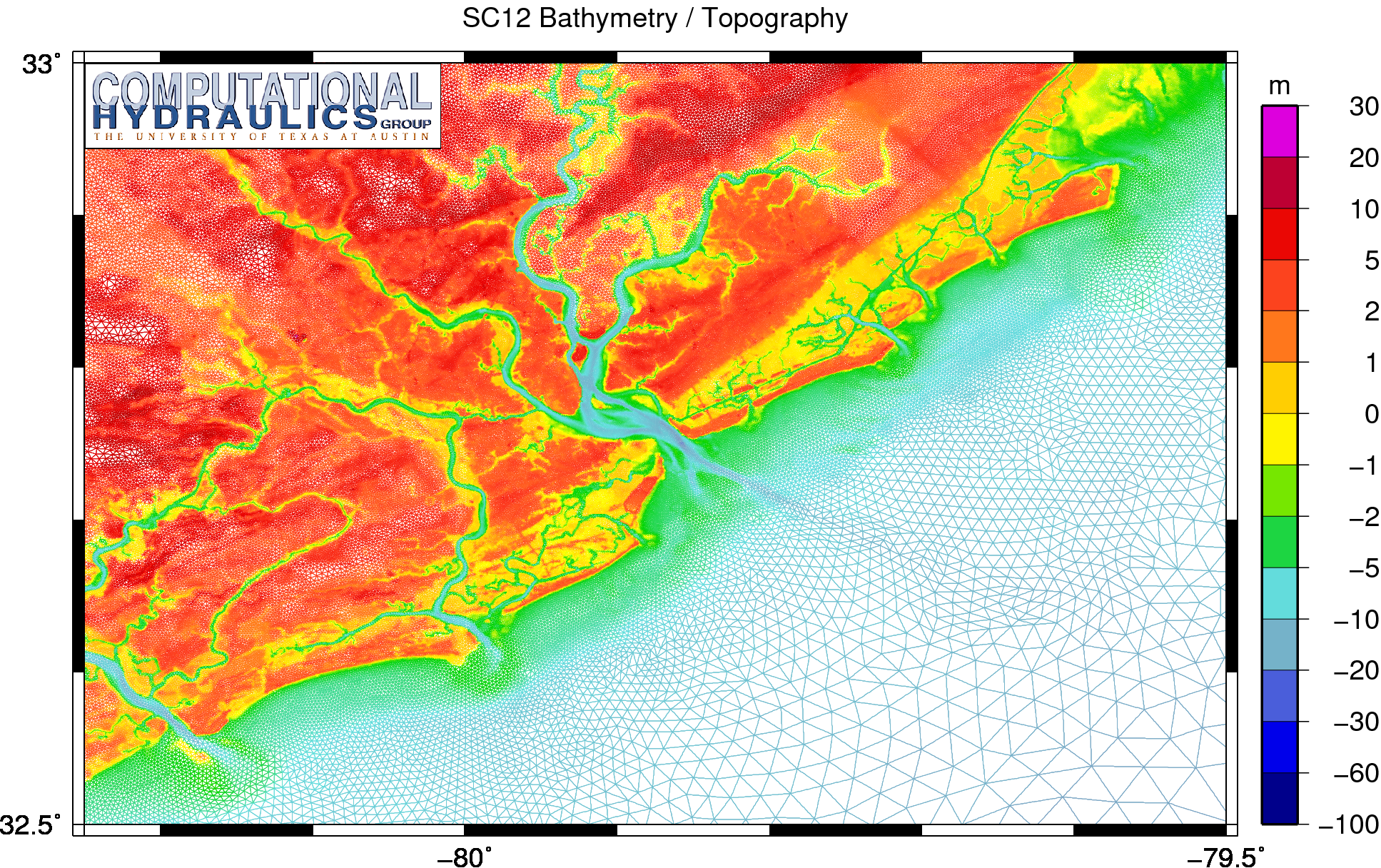 Bathymetry and topography (m) on the SC12 mesh in the region near Charleston, South Carolina.