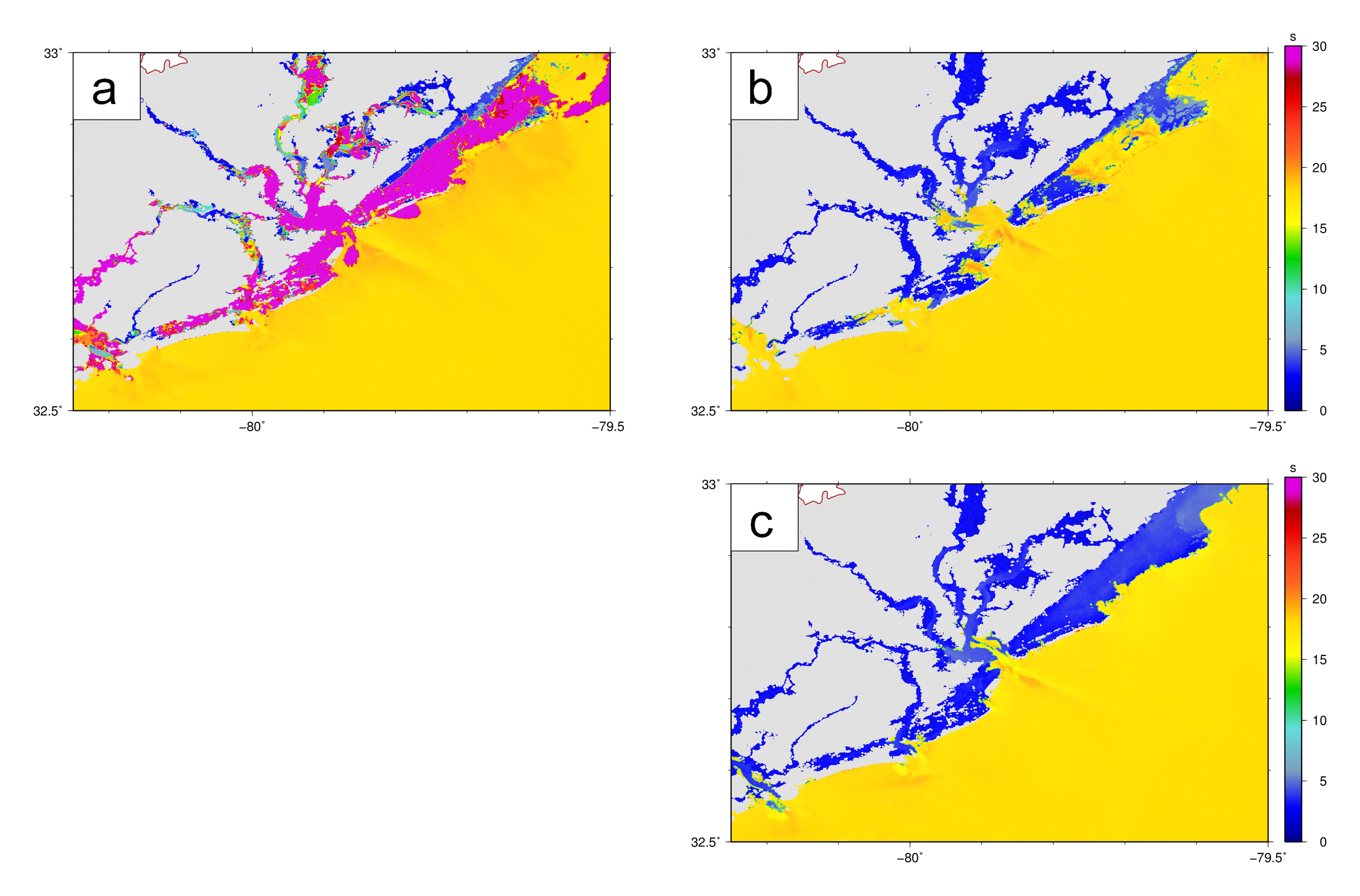 Maximum values for peak wave periods (s) near Charleston Harbor during the Hugo hindcast on the SC12 mesh.  The peak periods are shown: (a) with unlimited spectral propagation velocities, (b) with both velocities limited with CSIGMA CFL=0.25 CTHETA CFL=0.25, and (c) with the updated treatment of the propagation velocities.