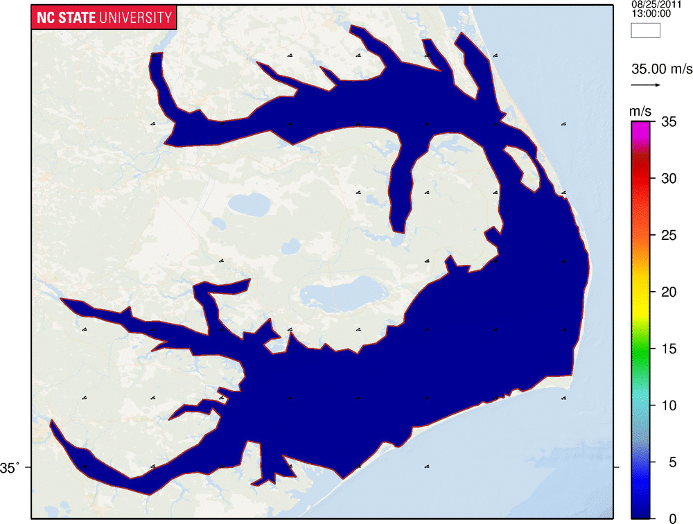Contours and vectors of wind velocities (m/s) during Hurricane Irene (2011) in the Albemarle-Pamlico Estuarine System.