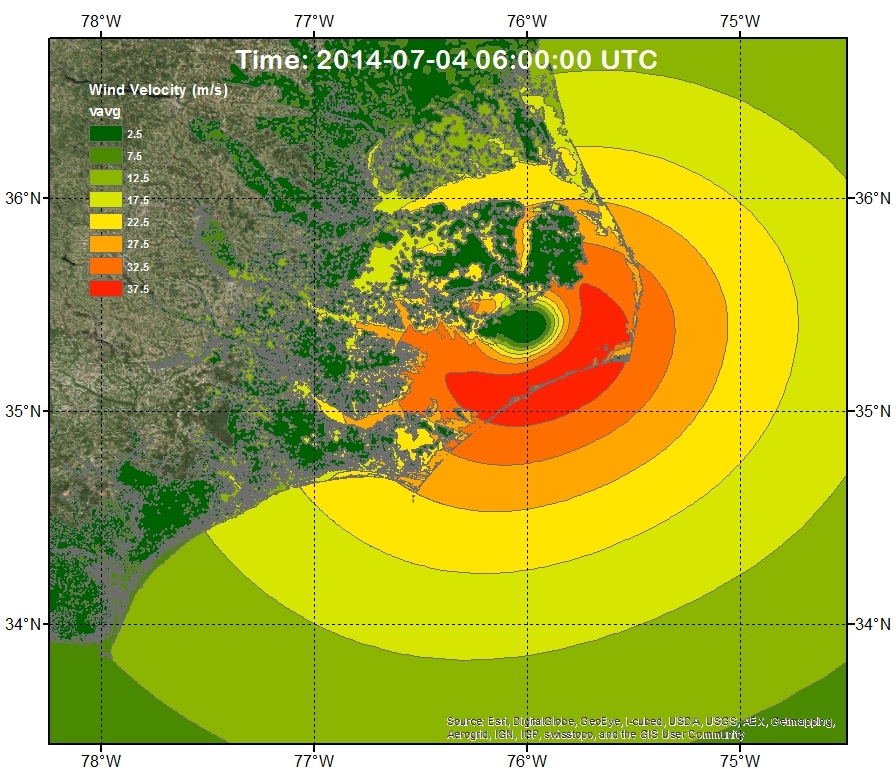 Example of GIS visualization of ADCIRC model output, specifically wind speeds (m/s) at 0600 UTC 04 July 2014 during Hurricane Arthur (2014).