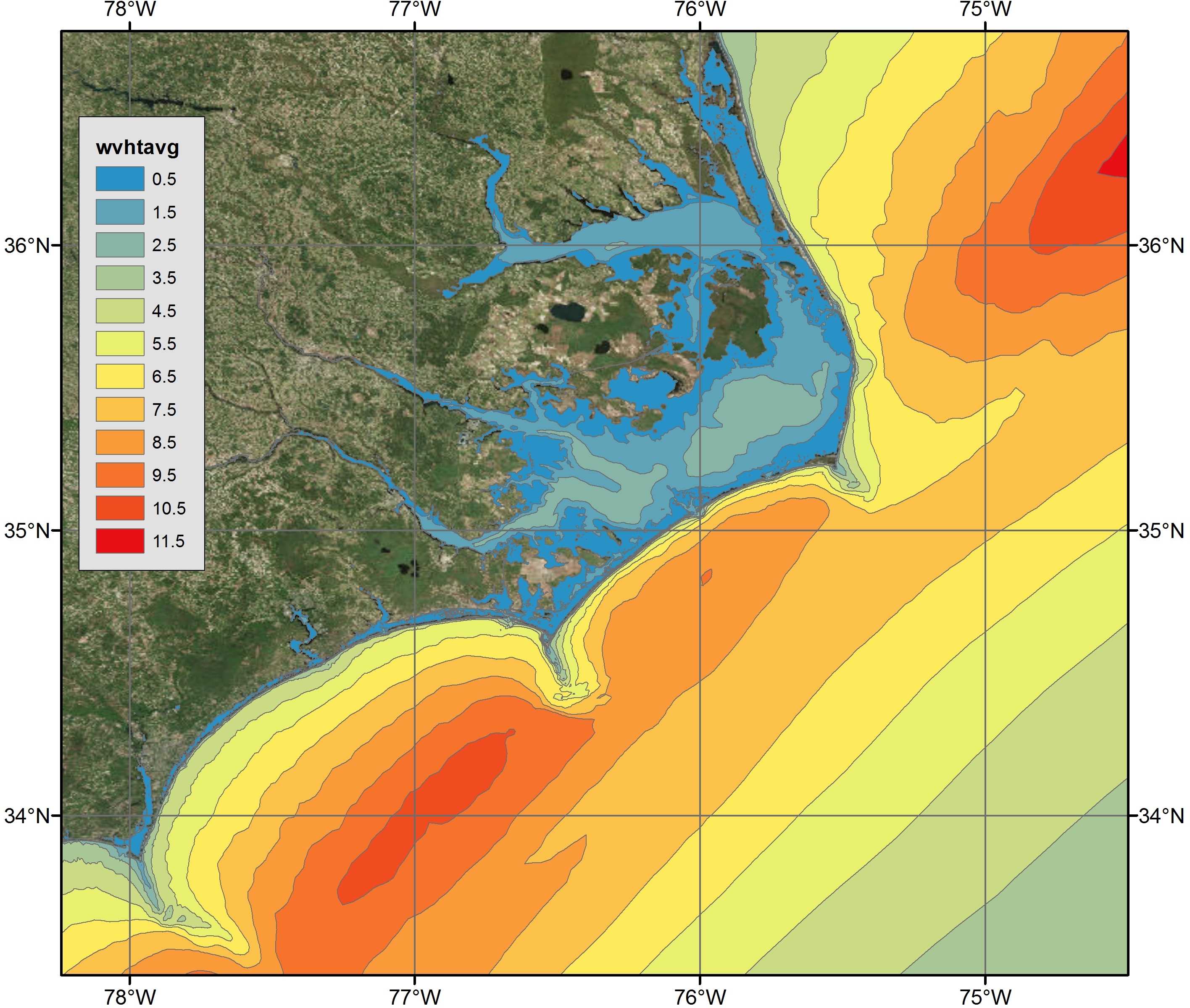 Example 3b: Maximum Significant Wave Heights alongthe NC coast during Hurricane Arthur Advisory 12 visualized via polygon shapefiles with ArcGIS satellite imagery