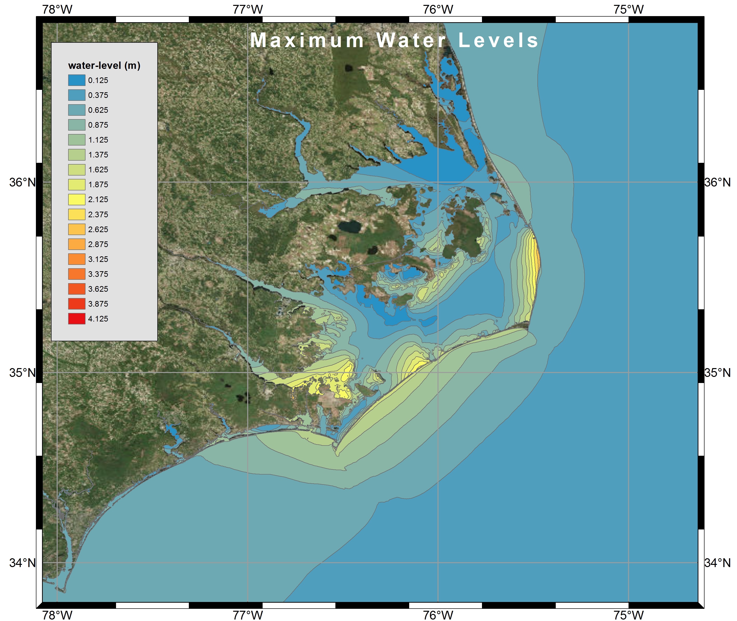 Visualization of Maximum Water Levels along the North Carolina coast during Hurricane Arthur (2014) using polygon shapefiles created by Kalpana with ArcGIS satellite imagery.